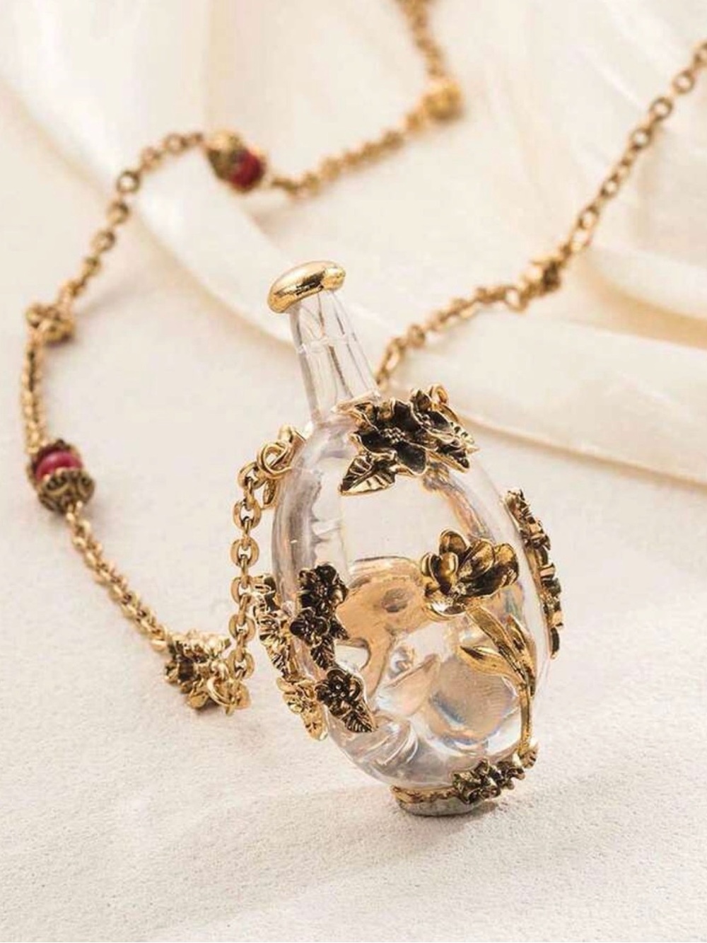Apothecary Tiny Bottle Floral Motif Gold Necklace Long Jewelry Red Bead Gift NEW - Picture 4 of 12